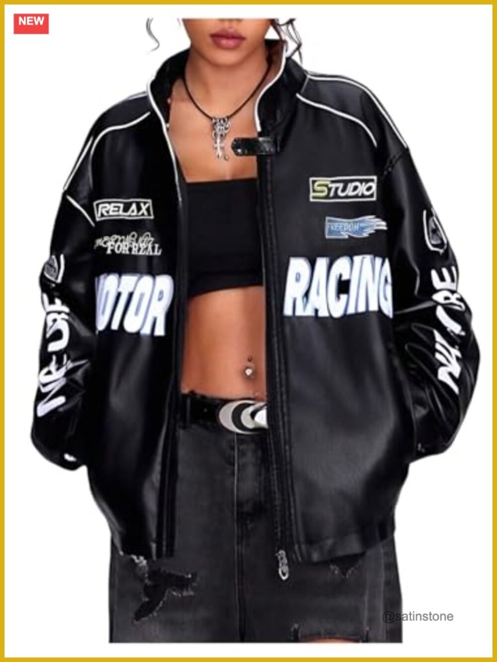 Faux Leather Racer Jacket Y2k Graphic Streetwear Oversized Coat - Picture 1 of 5